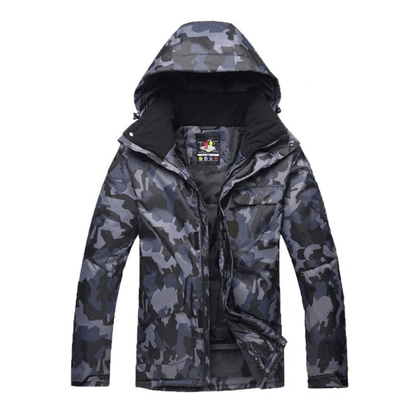 Camouflage waterproof men's snowboard jacket with hood SF0899, ideal for staying warm and dry on the slopes.